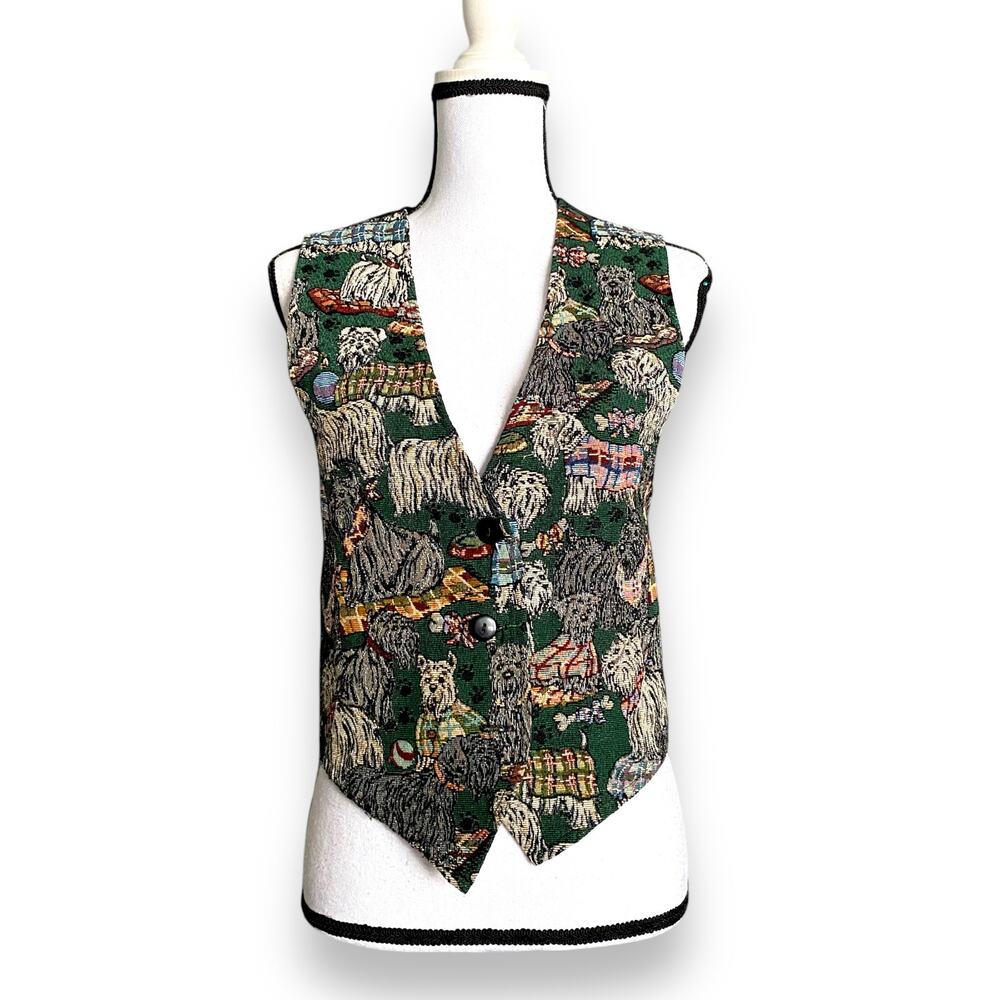 VNTG Tapestry Vest Dog Themed Sz M Green Multicolor Satin Tie Back 80s Y2k